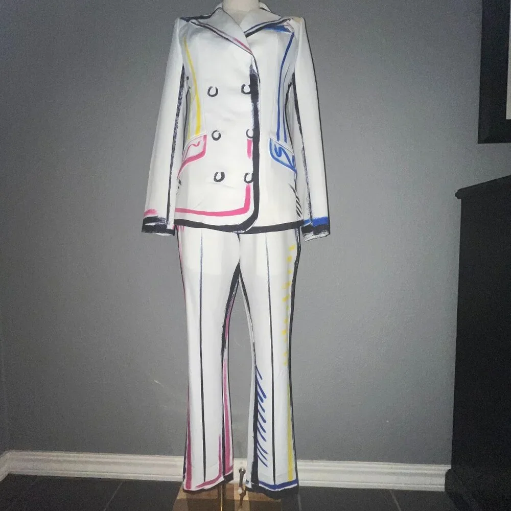 L'ATISTE COLOR ME BAD ARTSY PANTS SUIT GRAPHIC PAINTED CONTRASTING OUTLINE - S - Picture 3 of 16